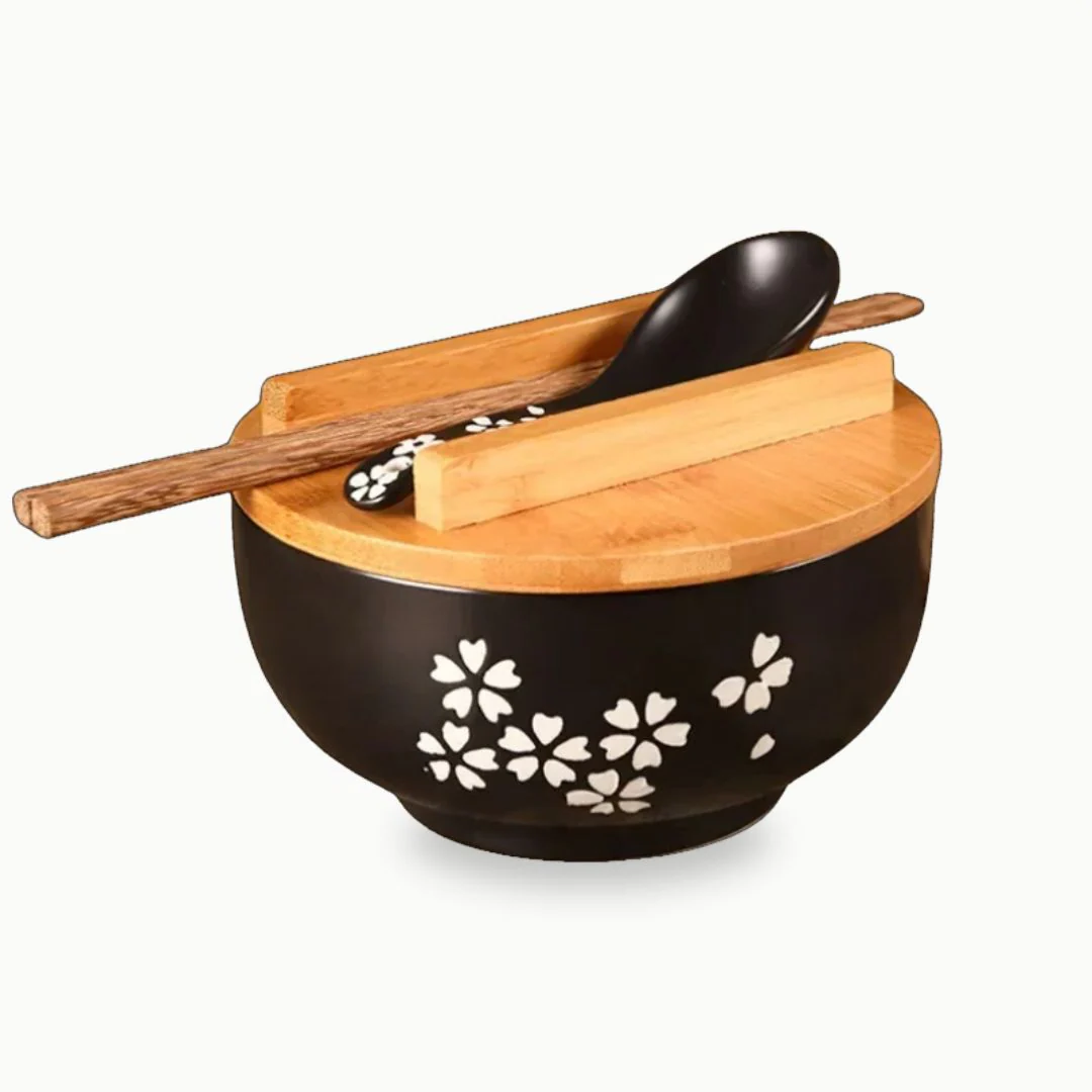 Ramen Bowl Set - Japanese Ceramic Bowl for Noodles, Soups, Rice with Chopsticks, Spoon and Lid