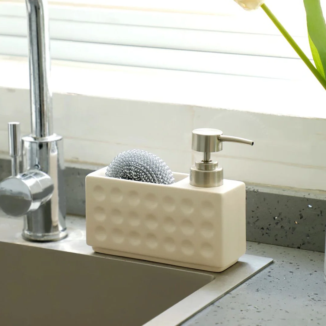 Sink Soap Dispenser - 350ml Ceramic Soap and Sponge Holder for Kitchen or Bathroom