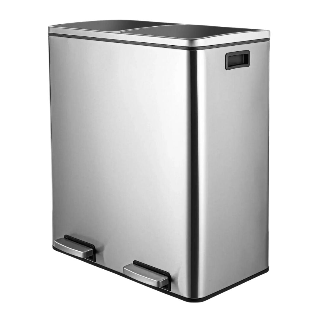 Dual Trash Can for Kitchen – 16 Gallon Oblong Stainless Steel Kitchen Garbage Can with Lid