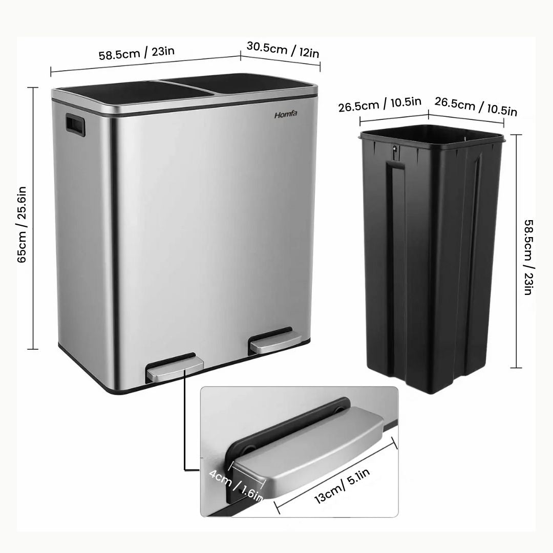 Dual Trash Can for Kitchen – 16 Gallon Oblong Stainless Steel Kitchen Garbage Can with Lid