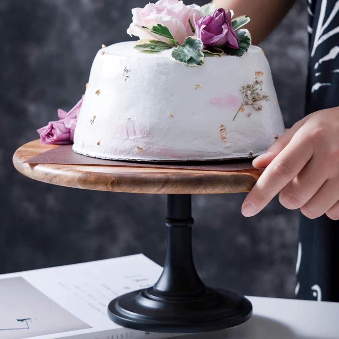 Wooden Cake Stand - Natural Acacia, Rustic Round Design for Weddings, Parties & Desserts