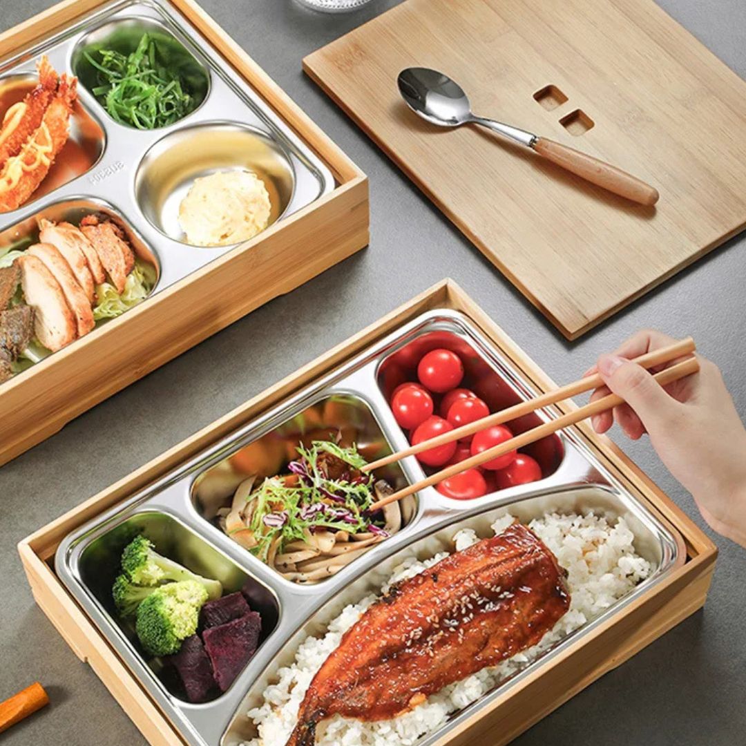 Bamboo Bento Box - Natural Japanese Wooden Lunch Box, Portable Food Container with Compartments