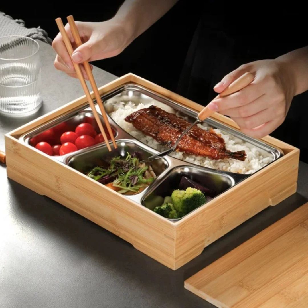 Bamboo Bento Box - Natural Japanese Wooden Lunch Box, Portable Food Container with Compartments