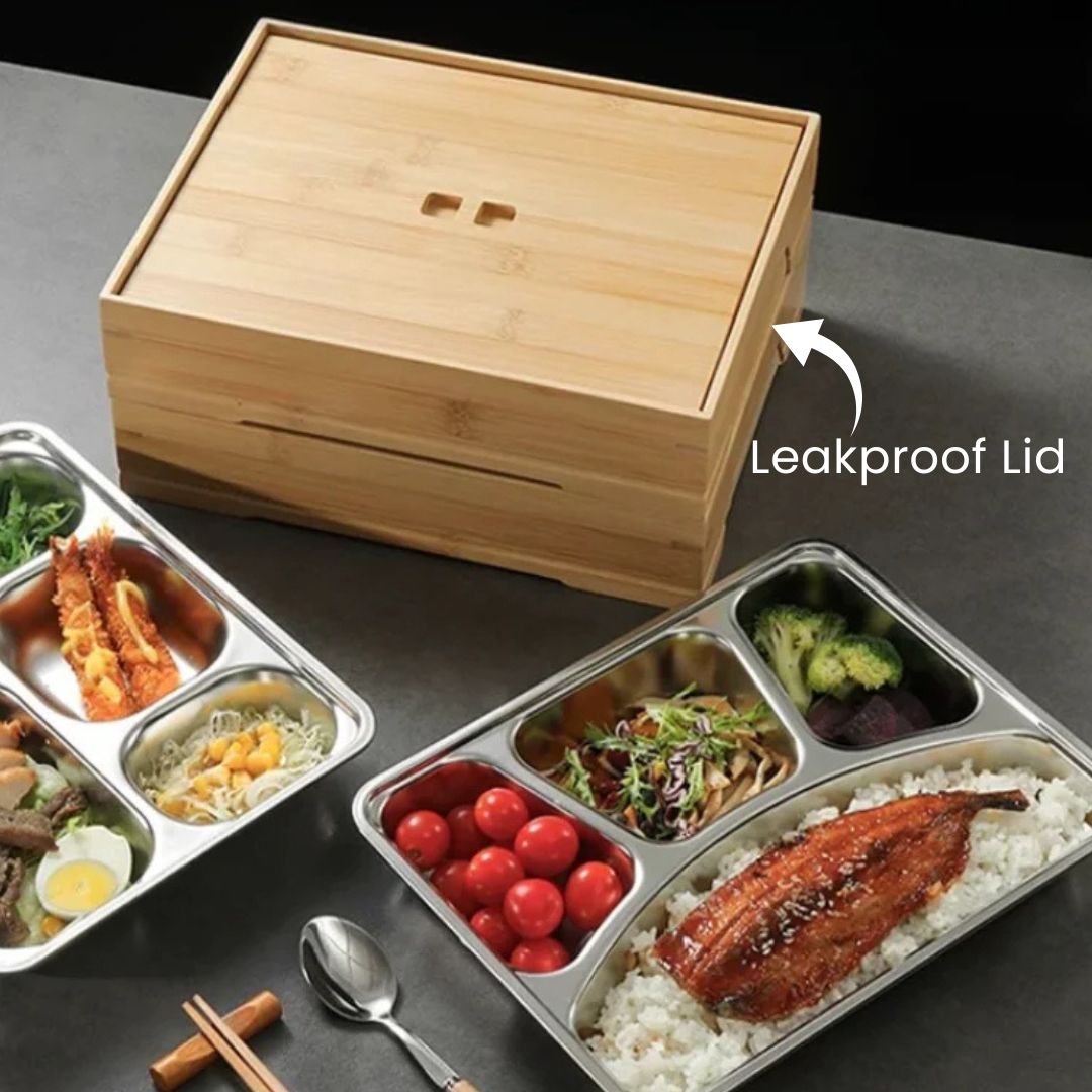 Bamboo Bento Box - Natural Japanese Wooden Lunch Box, Portable Food Container with Compartments