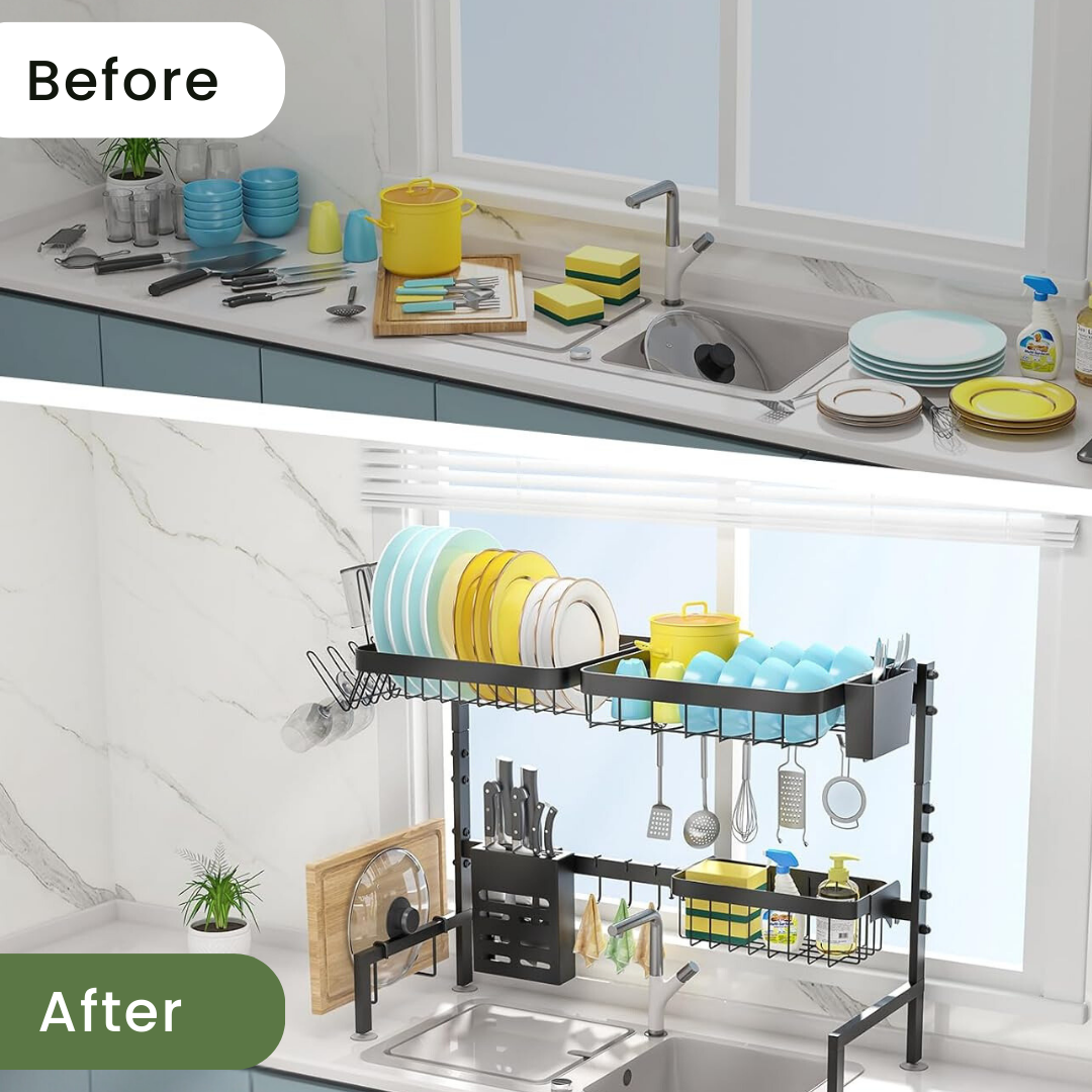 Before and after dish drying rack transformation