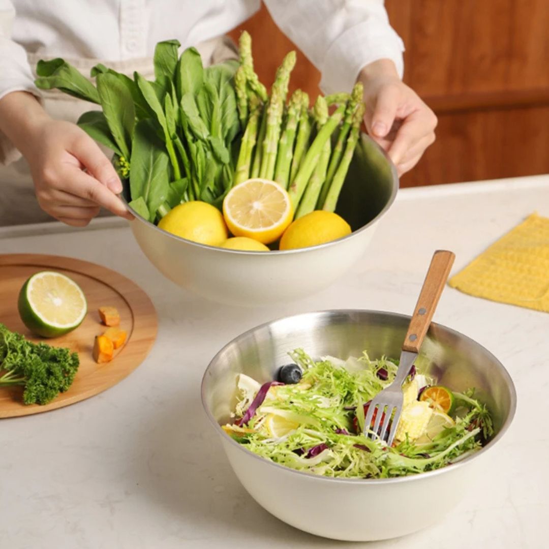 Colander Set - 3Pcs Mixing Bowl with Fine Mesh Strainer & Bamboo Lid