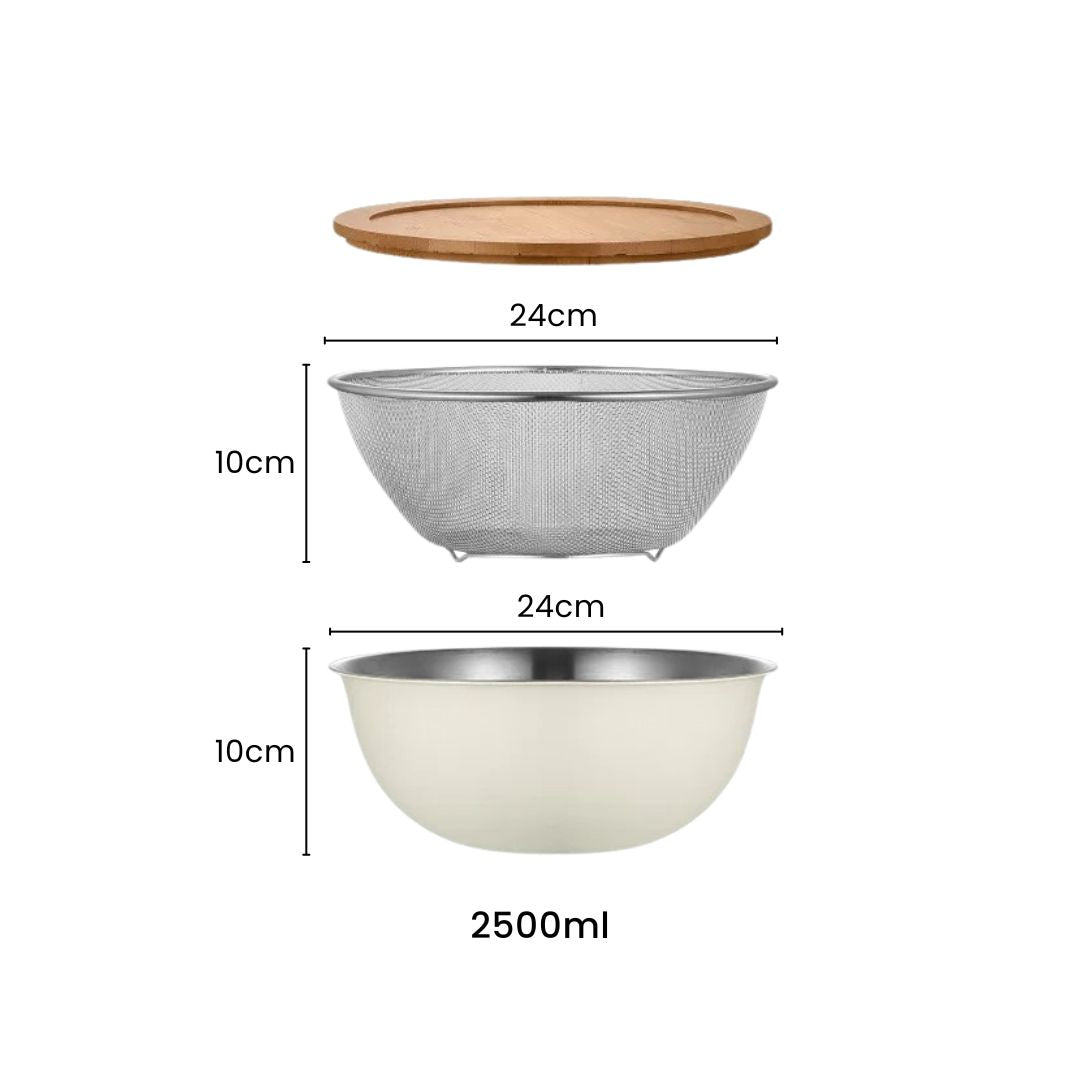 Colander Set - 3Pcs Mixing Bowl with Fine Mesh Strainer & Bamboo Lid