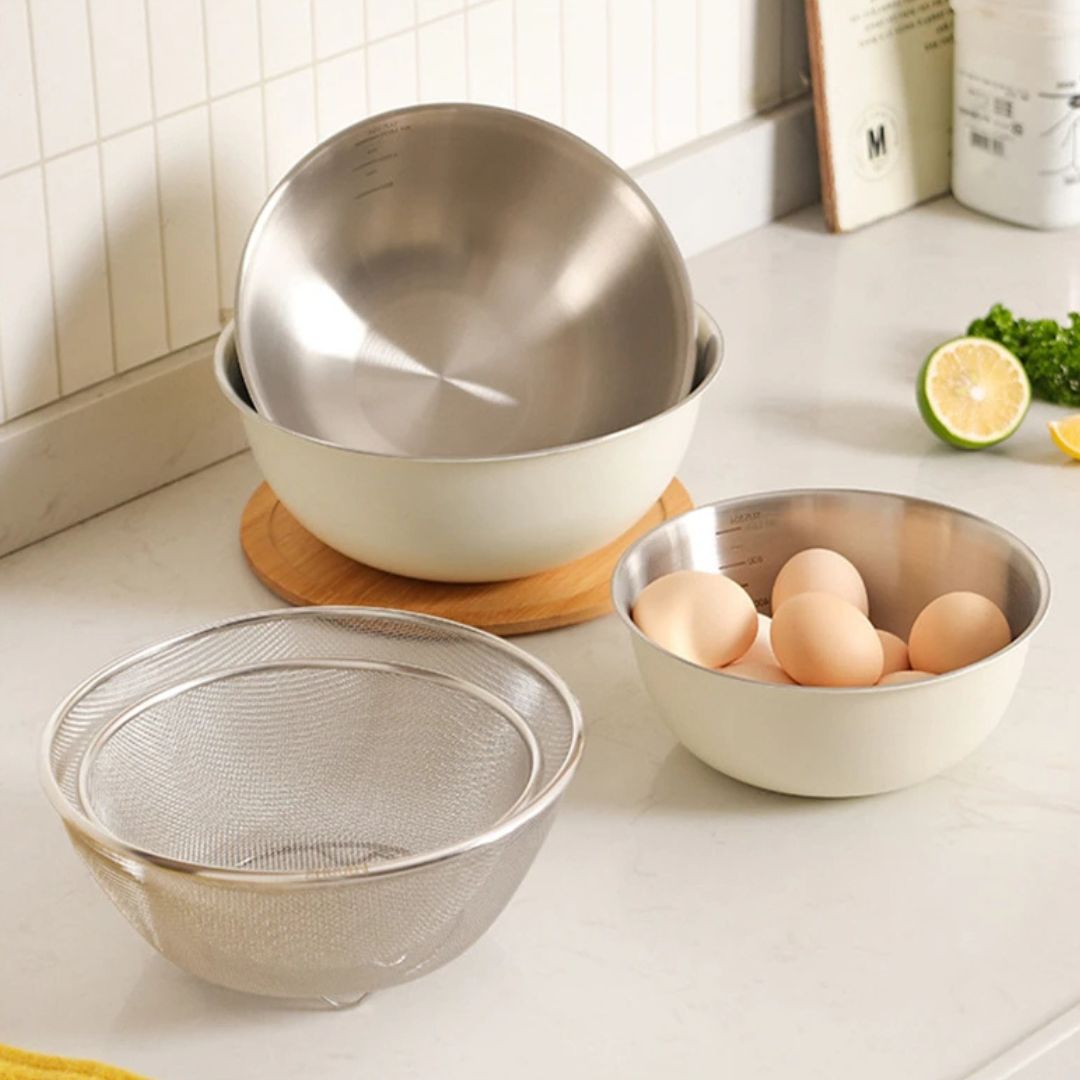 Colander Set - 3Pcs Mixing Bowl with Fine Mesh Strainer & Bamboo Lid