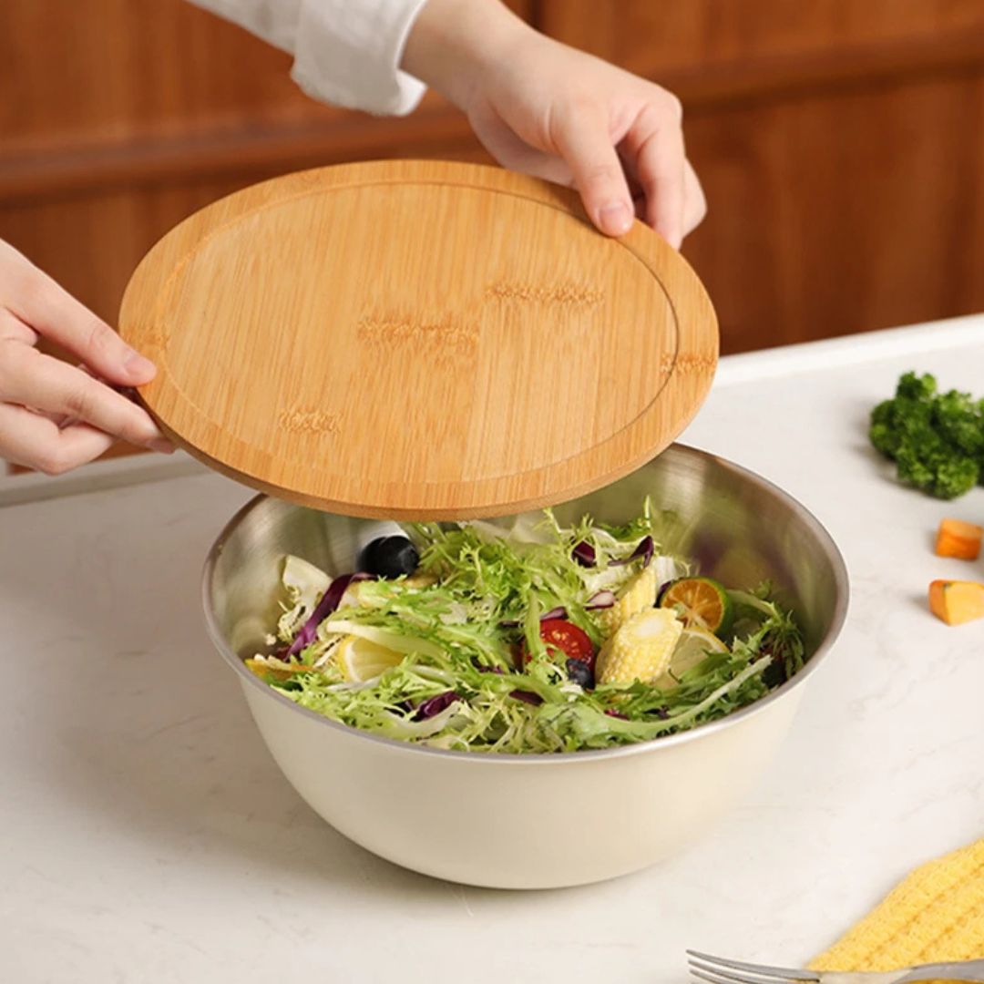 Colander Set - 3Pcs Mixing Bowl with Fine Mesh Strainer & Bamboo Lid