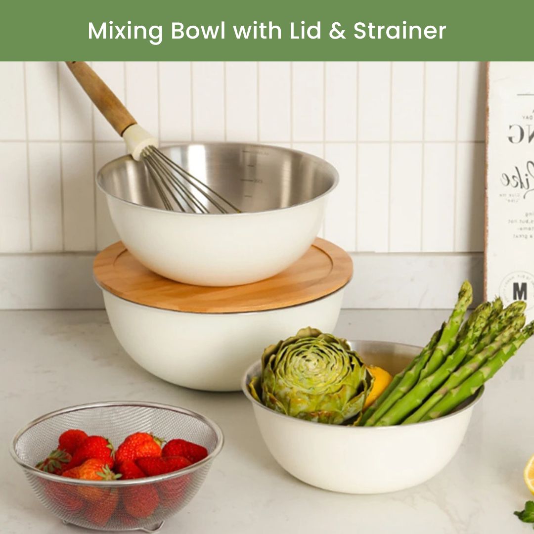 Colander Set - 3Pcs Mixing Bowl with Fine Mesh Strainer & Bamboo Lid