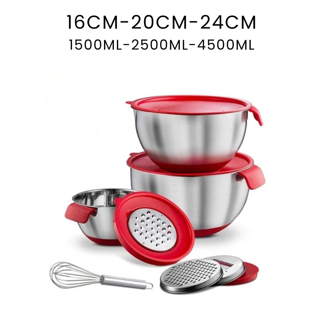 Mixing Bowl Set – Stainless Steel Bowls with Lids, Grater Attachments, Egg Beater, and Silicone Non-Slip Bottom