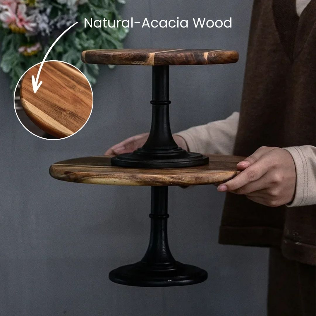 Wooden Cake Stand - Natural Acacia, Rustic Round Design for Weddings, Parties & Desserts