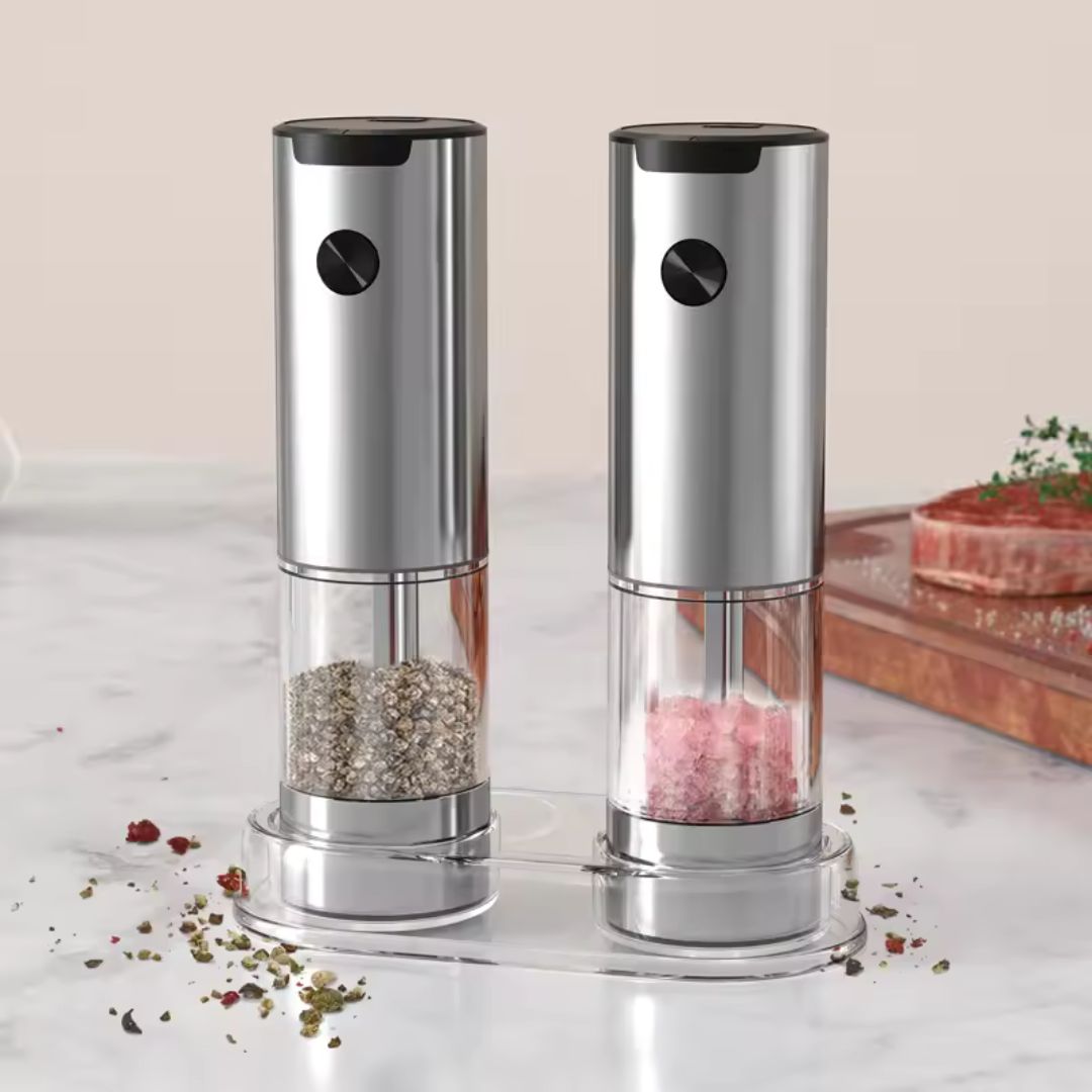 Electric Salt and Pepper Shakers | Stainless Steel with Adjustable Grind and LED Light