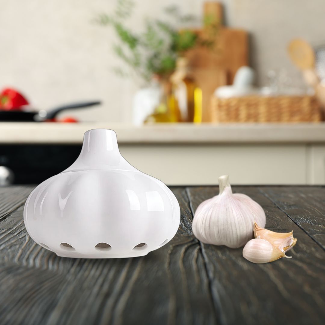 Garlic Keeper - White Ceramic Pottery for Kitchen, Small Stoneware Onion & Bulb Holder