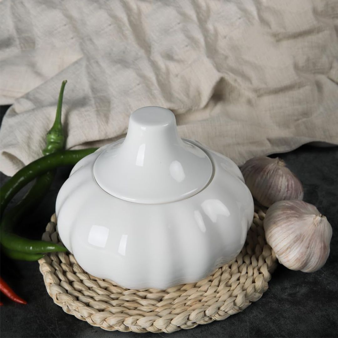 Garlic Keeper - White Ceramic Pottery for Kitchen, Small Stoneware Onion & Bulb Holder