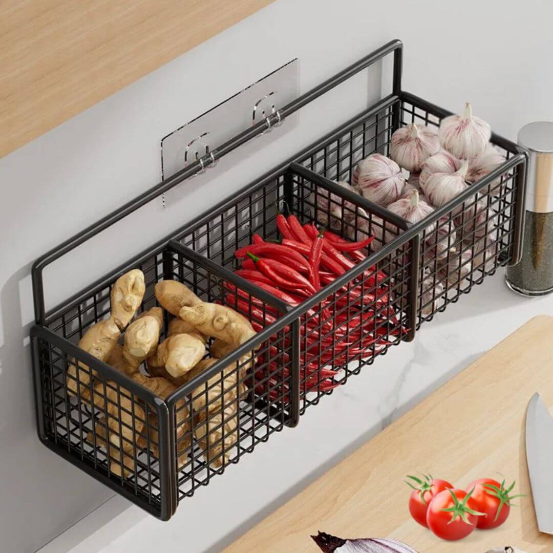 Hanging Spice Rack - Wall Mounted Kitchen Organizer & Storage Basket