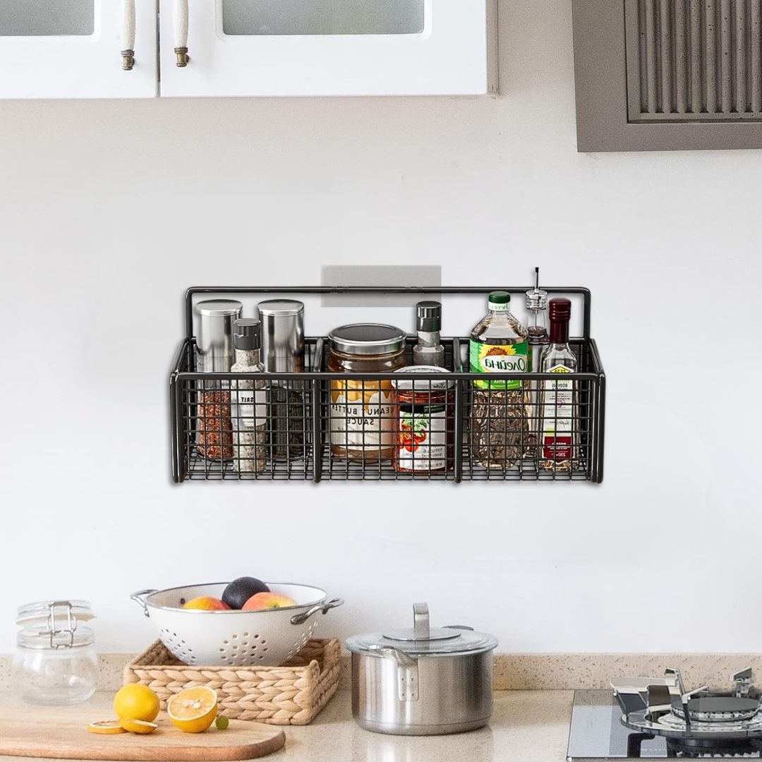 Hanging Spice Rack - Wall Mounted Kitchen Organizer & Storage Basket