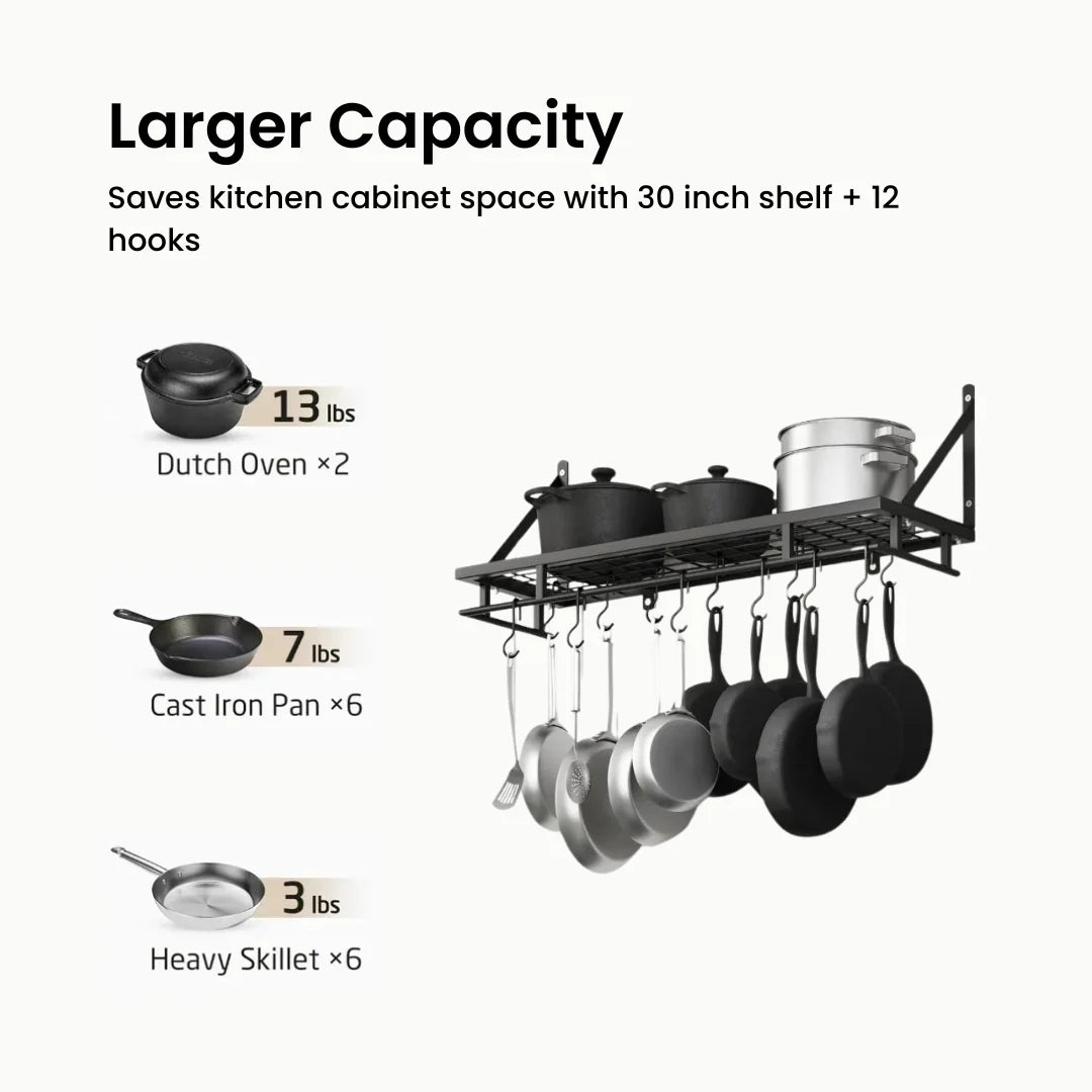 Hanging pot and pan rack space saving