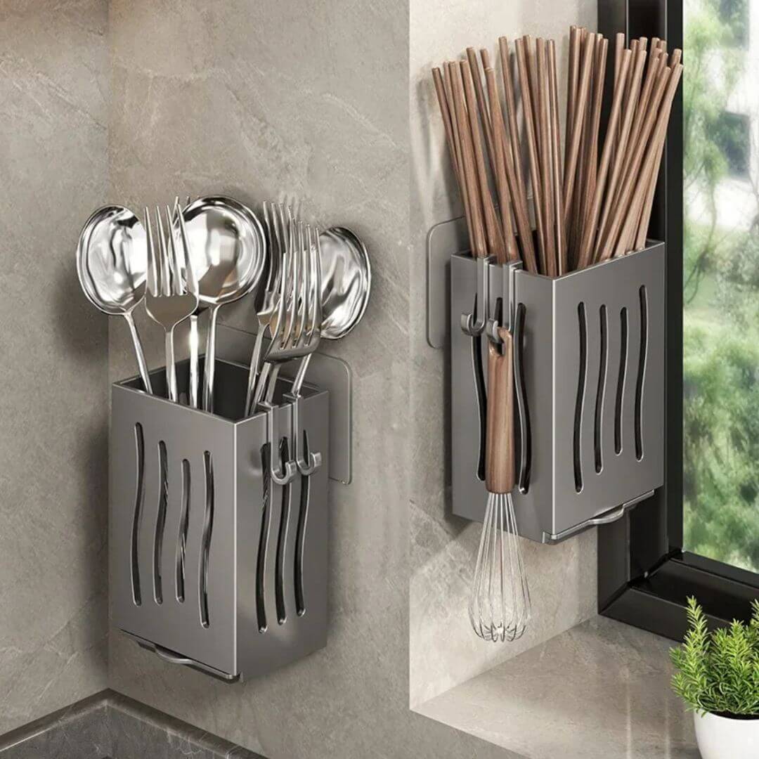 Kitchen Utensil Holder – Multifunctional Caddy with Compartments and Drainage for Countertop