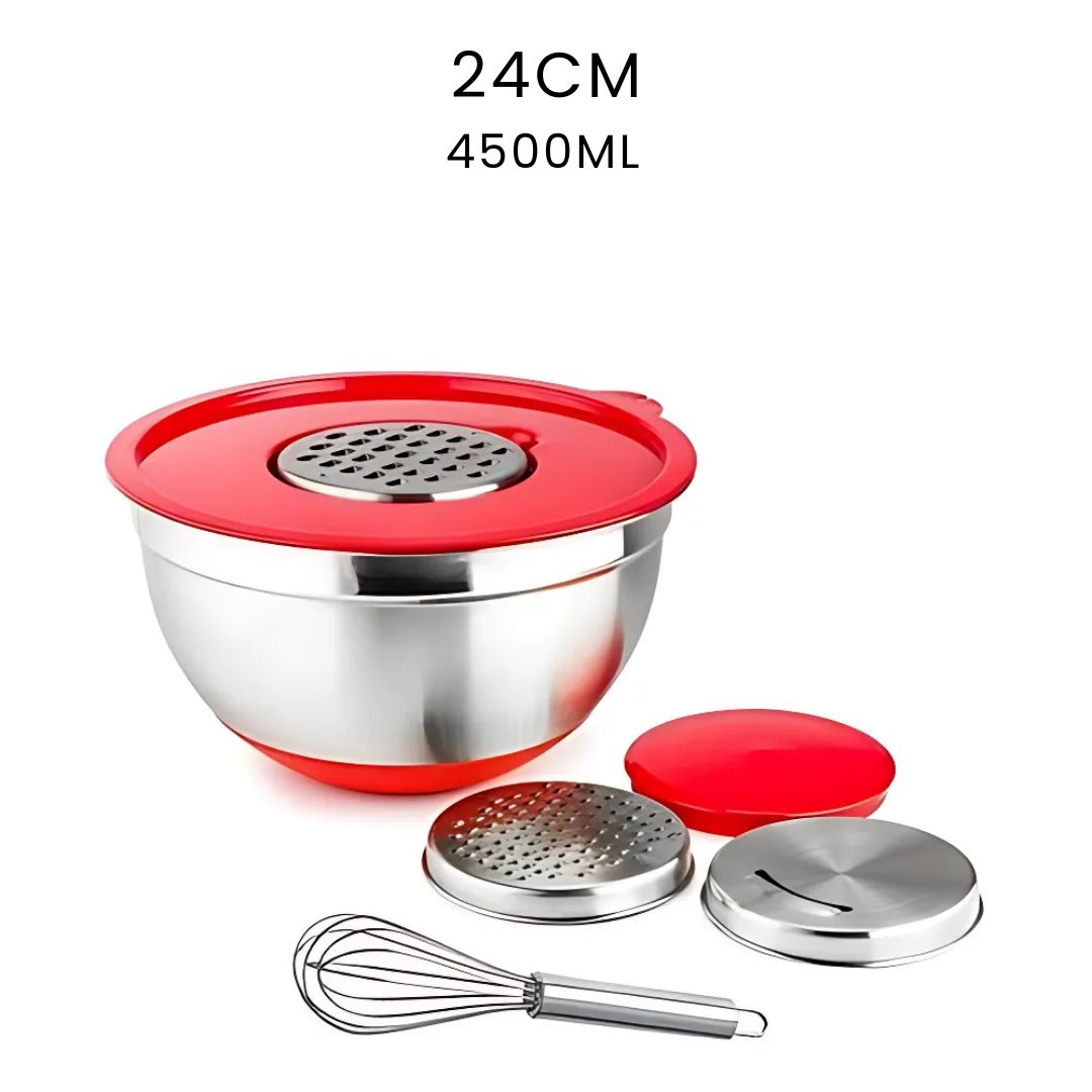 Mixing Bowl Set – Stainless Steel Bowls with Lids, Grater Attachments, Egg Beater, and Silicone Non-Slip Bottom