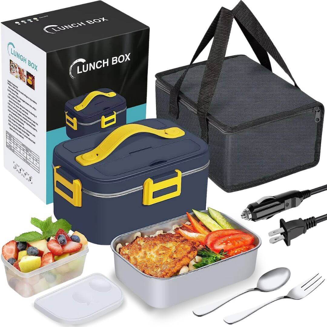 Leak Proof Lunch Box - 1.8L Portable Stainless Steel Heated Lunch Box with Carry Bag for Car, Office or Travel