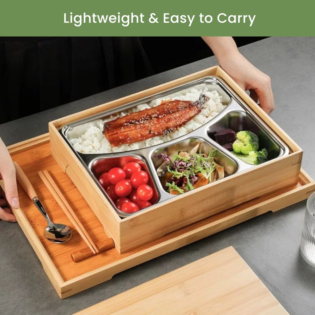 Bamboo Bento Box - Natural Japanese Wooden Lunch Box, Portable Food Container with Compartments