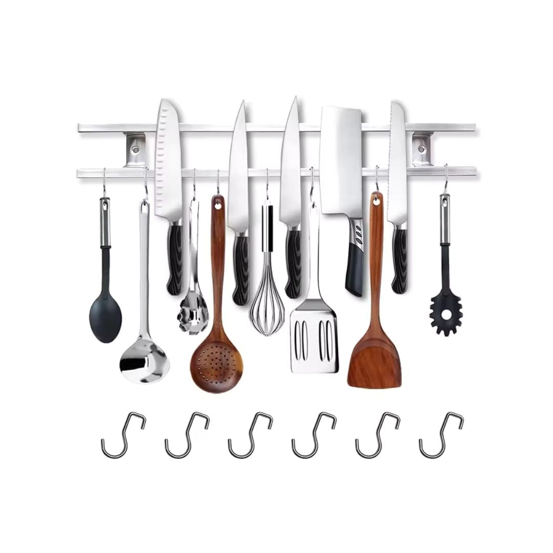 Magnetic Knife Holder - Best 18” Stainless Steel Wall Storage with 6 Hooks for Organized Kitchen