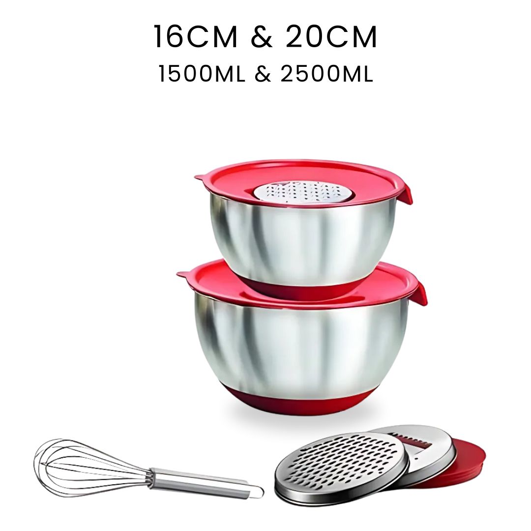 Mixing Bowl Set – Stainless Steel Bowls with Lids, Grater Attachments, Egg Beater, and Silicone Non-Slip Bottom