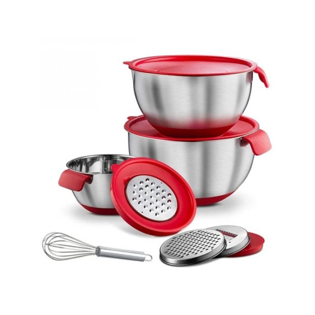 Mixing Bowl Set – Stainless Steel Bowls with Lids, Grater Attachments, Egg Beater, and Silicone Non-Slip Bottom