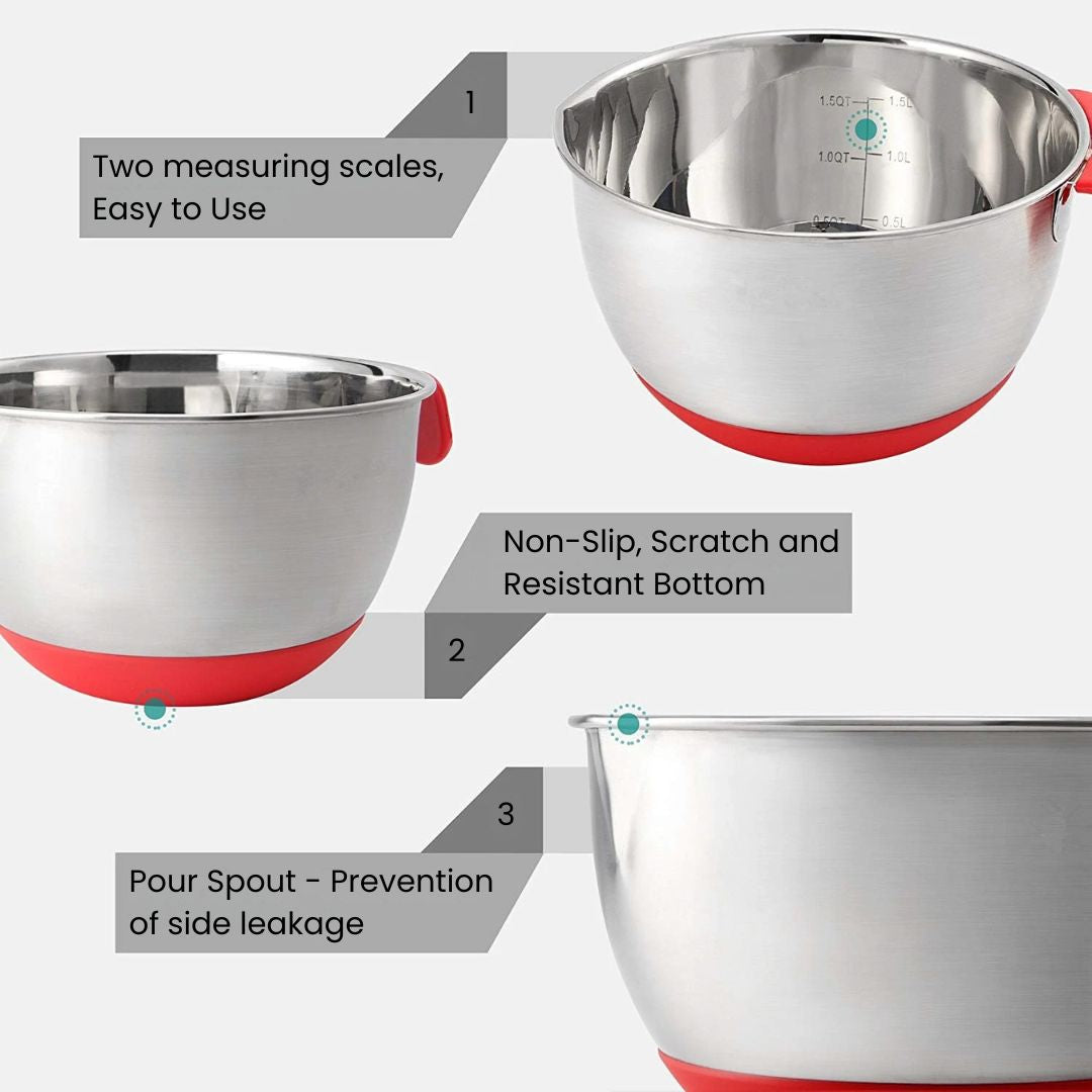 Mixing Bowl Set – Stainless Steel Bowls with Lids, Grater Attachments, Egg Beater, and Silicone Non-Slip Bottom