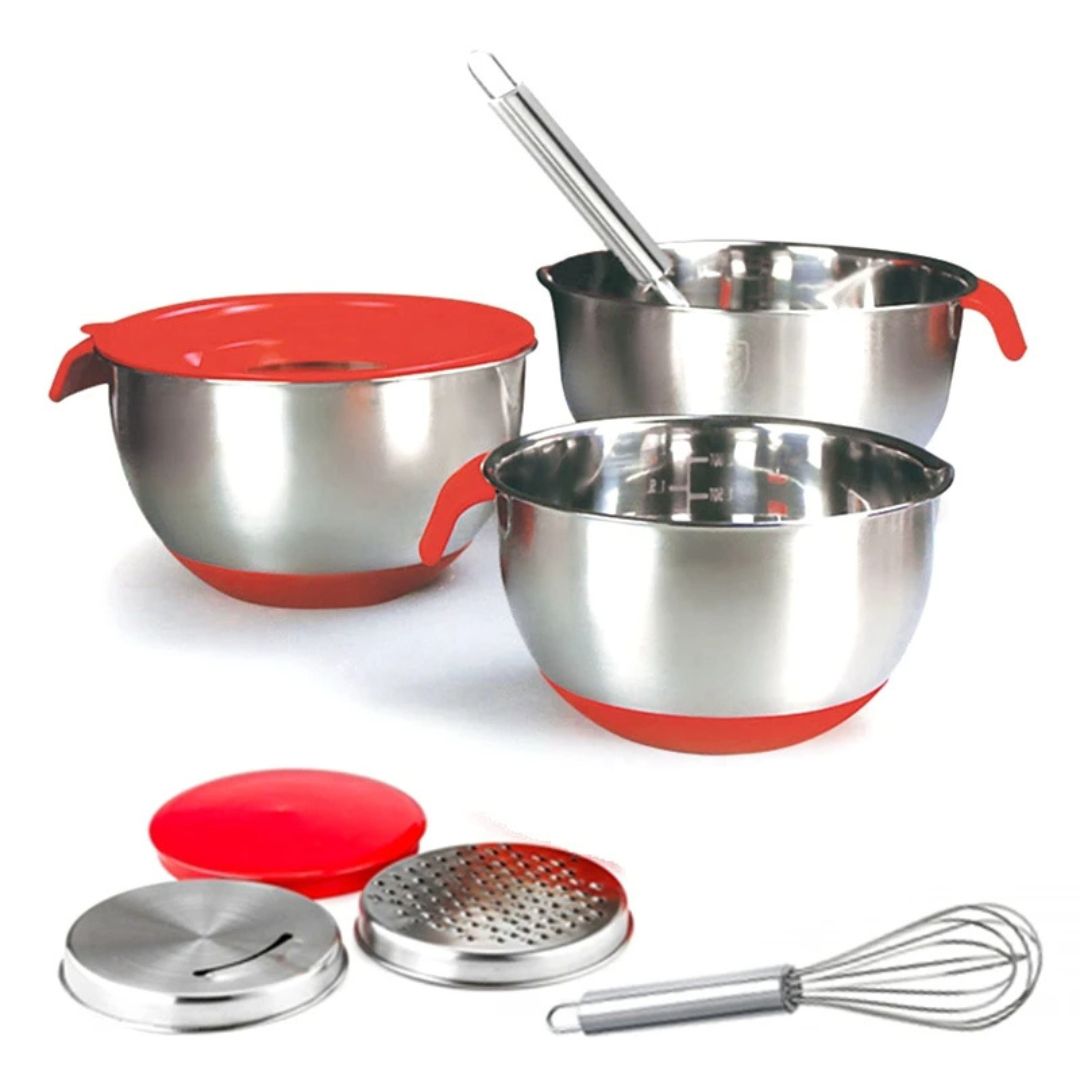 Mixing Bowl Set – Stainless Steel Bowls with Lids, Grater Attachments, Egg Beater, and Silicone Non-Slip Bottom