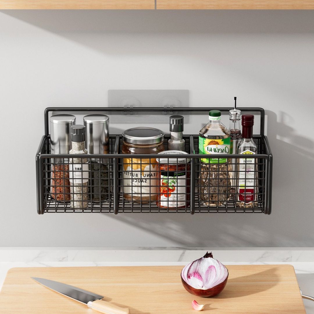 Hanging Spice Rack - Wall Mounted Kitchen Organizer & Storage Basket