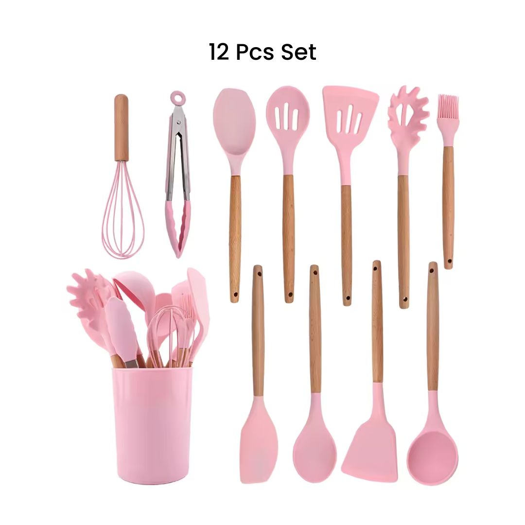 Pink Kitchen Utensils - Stylish Silicone Cooking Tools Set for Cookware