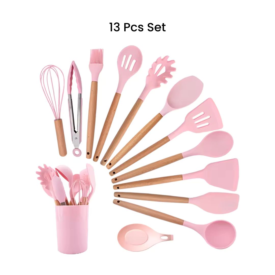 Pink Kitchen Utensils - Stylish Silicone Cooking Tools Set for Cookware