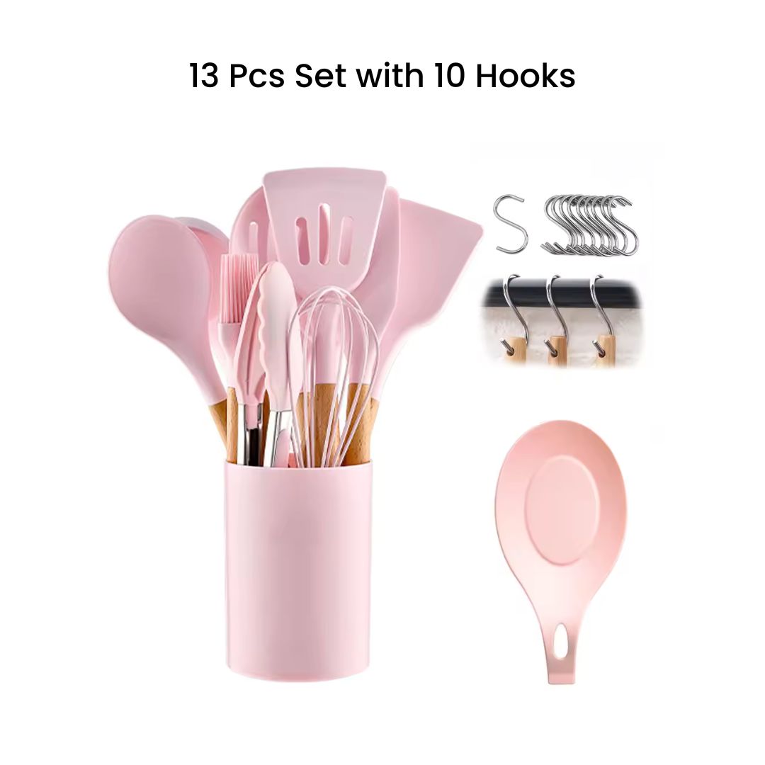 Pink Kitchen Utensils - Stylish Silicone Cooking Tools Set for Cookware