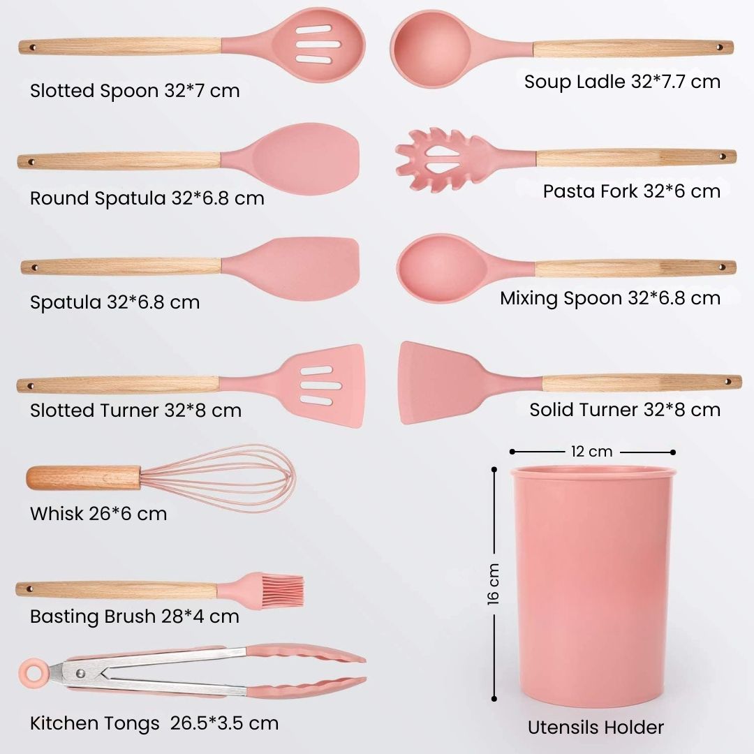 Pink Kitchen Utensils - Stylish Silicone Cooking Tools Set for Cookware