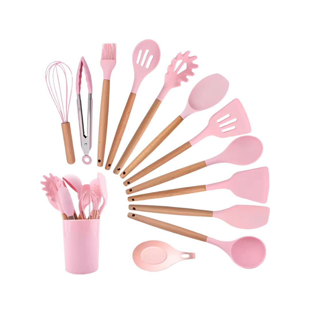 Pink Kitchen Utensils - Stylish Silicone Cooking Tools Set for Cookware