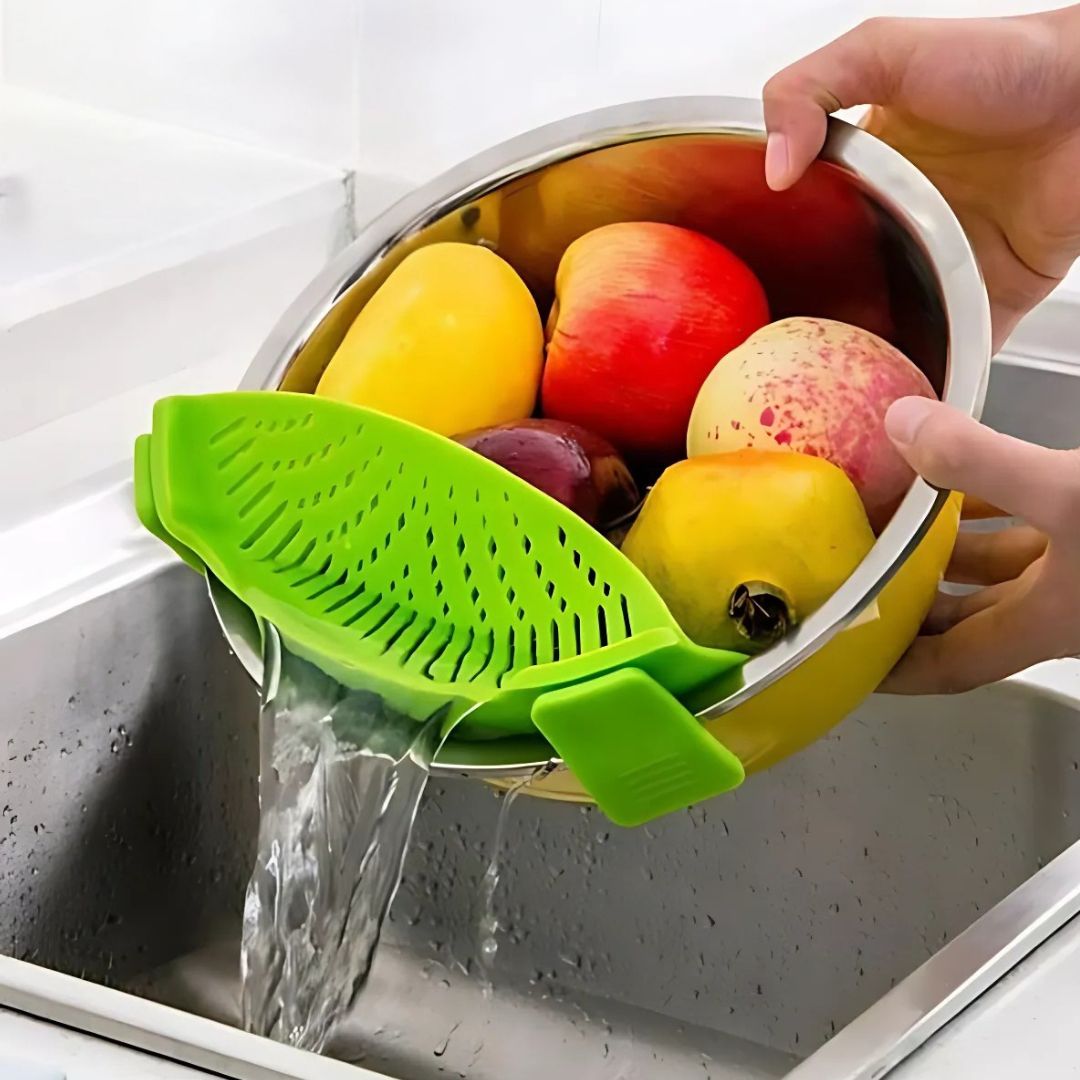 Pot Strainer - Silicone Clip-On Drainer for Pasta & Fruit