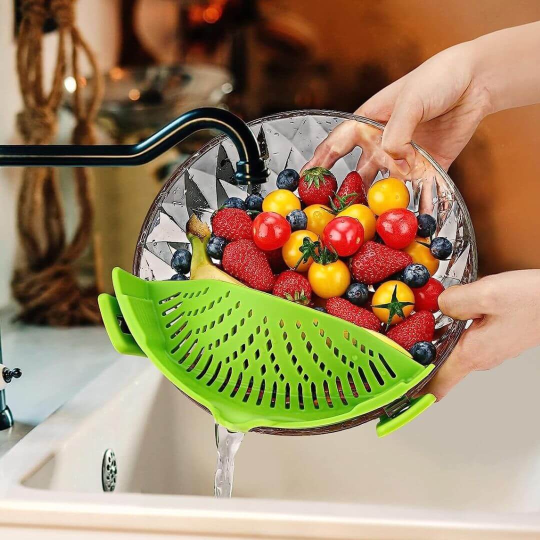 Pot Strainer - Silicone Clip-On Drainer for Pasta & Fruit