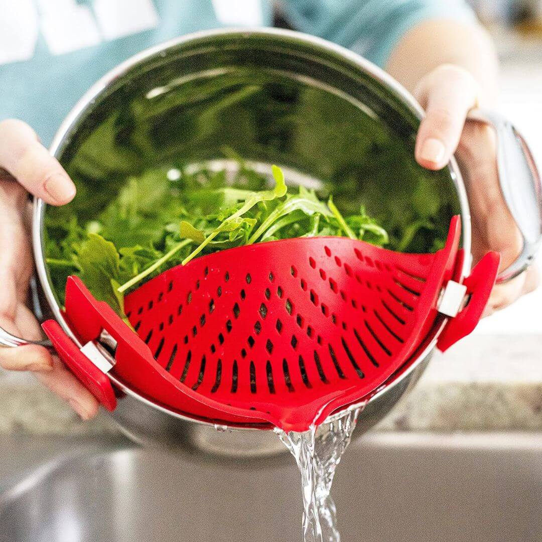 Pot Strainer - Silicone Clip-On Drainer for Pasta & Fruit