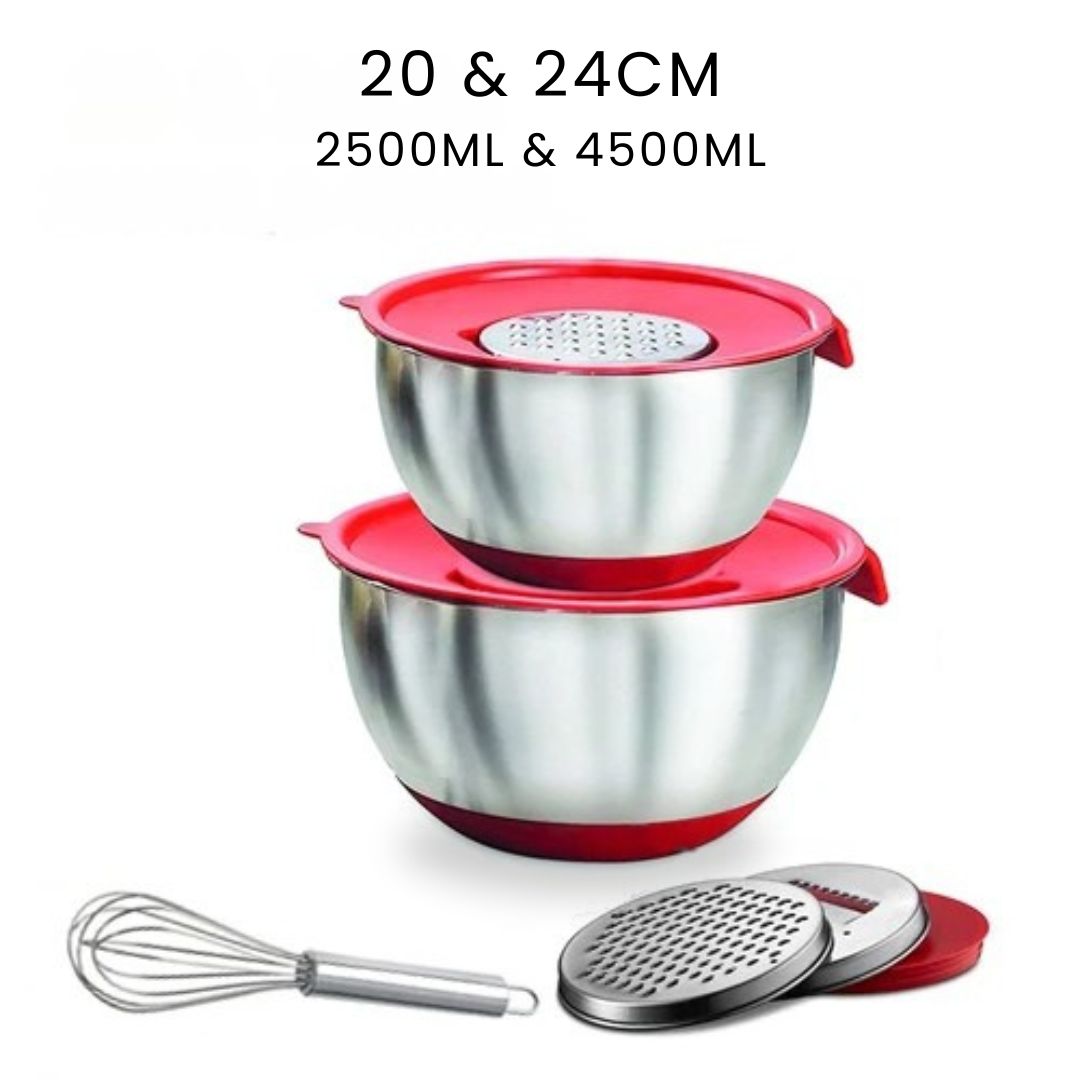 Mixing Bowl Set – Stainless Steel Bowls with Lids, Grater Attachments, Egg Beater, and Silicone Non-Slip Bottom