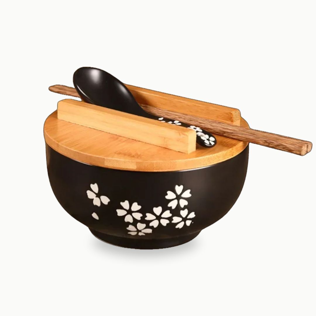 Ramen Bowl Set - Japanese Ceramic Bowl for Noodles, Soups, Rice with Chopsticks, Spoon and Lid