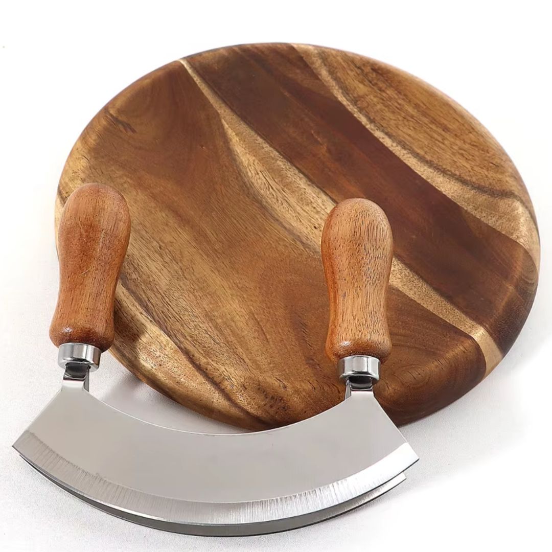 Round Cutting Board - Wooden Cutting Board with Knife for Kitchen, Pizza and Food Preparation