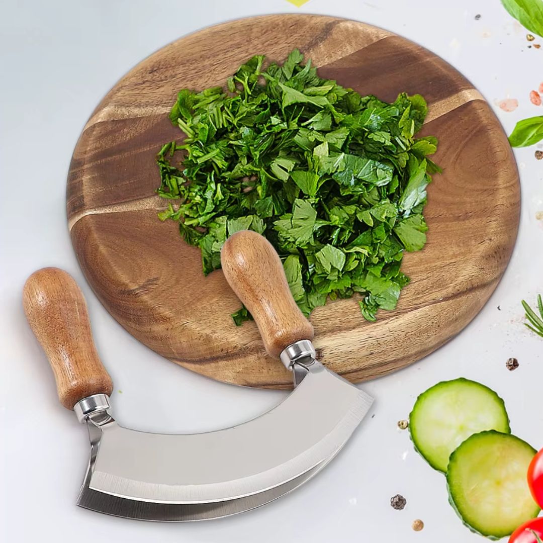 Round Cutting Board - Wooden Cutting Board with Knife for Kitchen, Pizza and Food Preparation