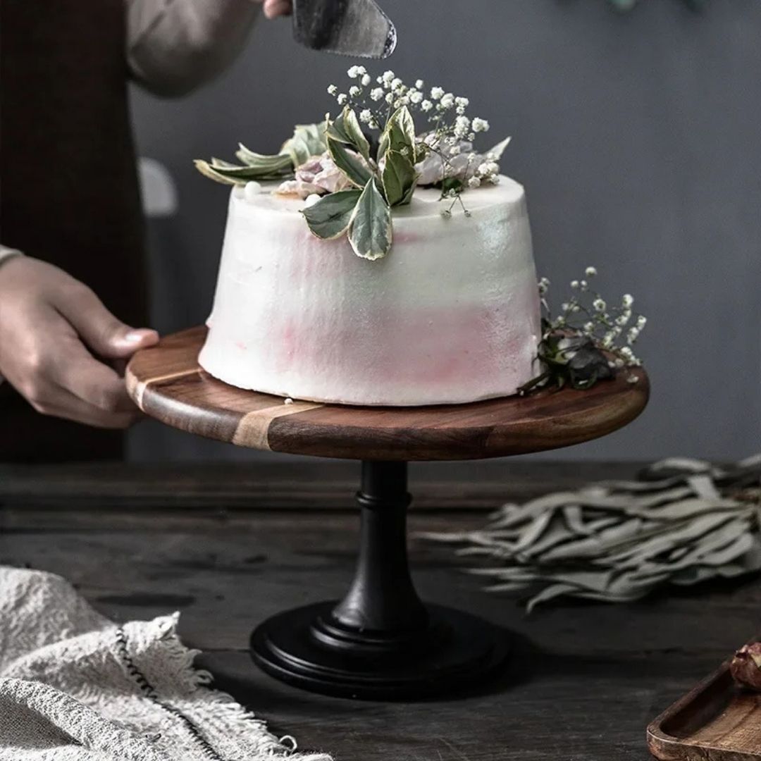 Wooden Cake Stand - Natural Acacia, Rustic Round Design for Weddings, Parties & Desserts