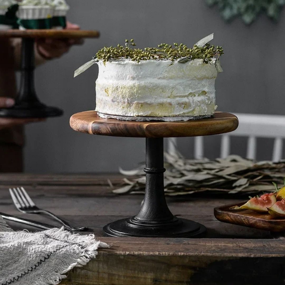 Wooden Cake Stand - Natural Acacia, Rustic Round Design for Weddings, Parties & Desserts