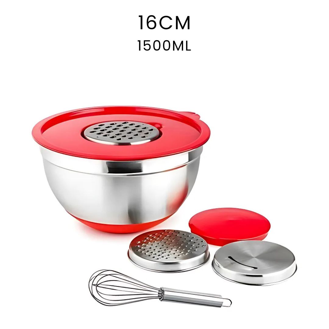 Mixing Bowl Set – Stainless Steel Bowls with Lids, Grater Attachments, Egg Beater, and Silicone Non-Slip Bottom