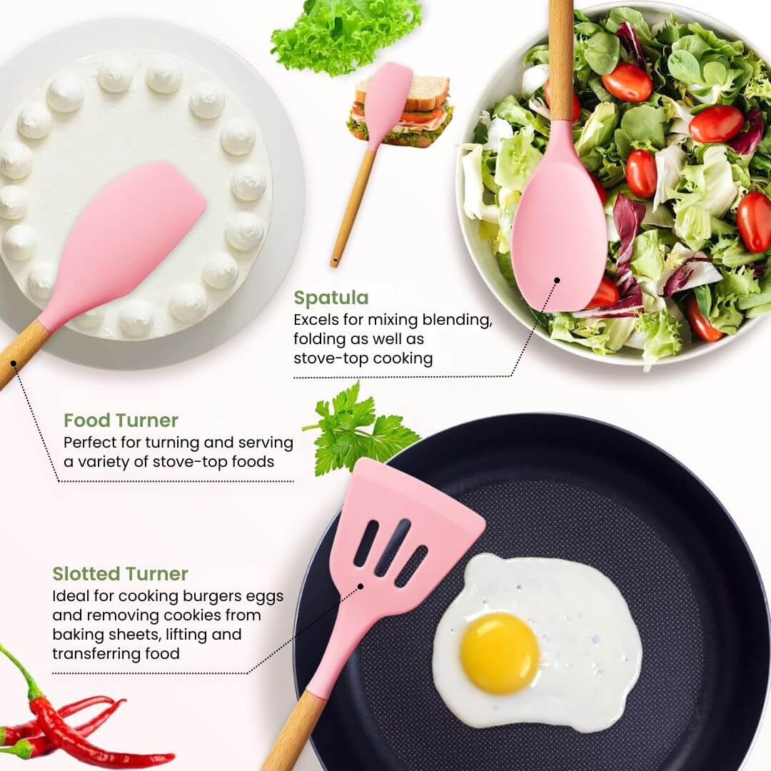 Pink Kitchen Utensils - Stylish Silicone Cooking Tools Set for Cookware