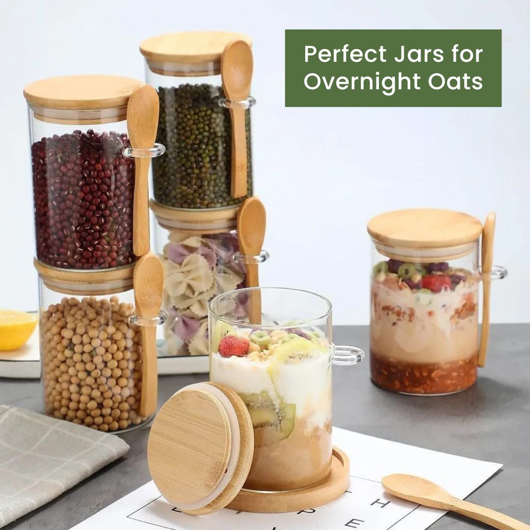 Overnight Oats Container - Glass Jar with Lid and Spoon for Meal Prep, Breakfast Storage