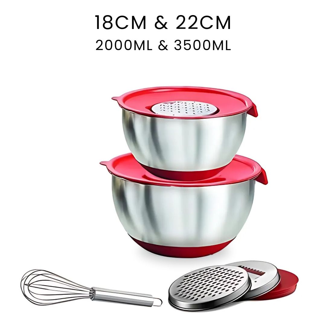 Mixing Bowl Set – Stainless Steel Bowls with Lids, Grater Attachments, Egg Beater, and Silicone Non-Slip Bottom